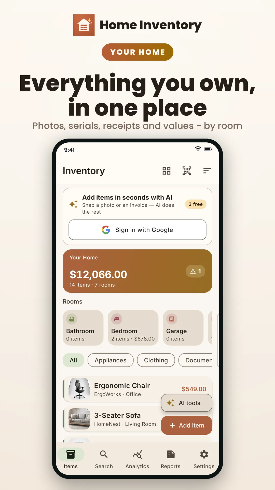 Home Inventory AI Android app screenshot 1 of 6 — Snap it. Catalog it. Prove it when it matters.