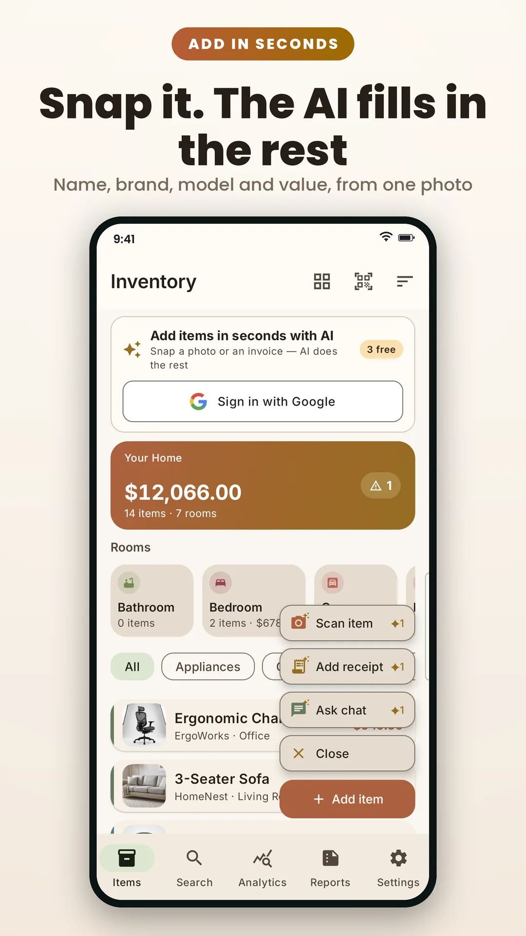 Home Inventory AI Android app screenshot 2 of 6 — Snap it. Catalog it. Prove it when it matters.