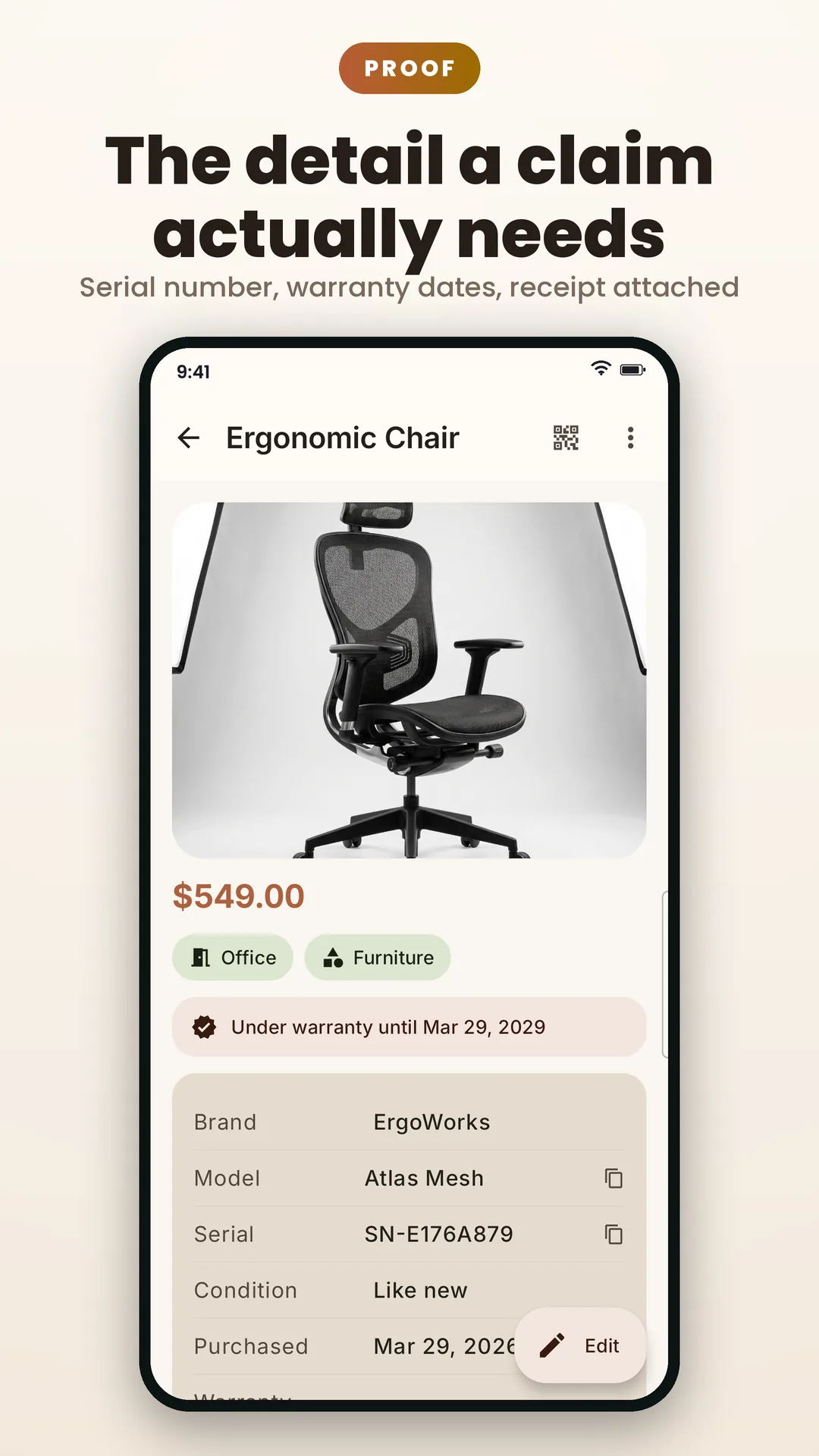 Home Inventory AI Android app screenshot 3 of 6 — Snap it. Catalog it. Prove it when it matters.