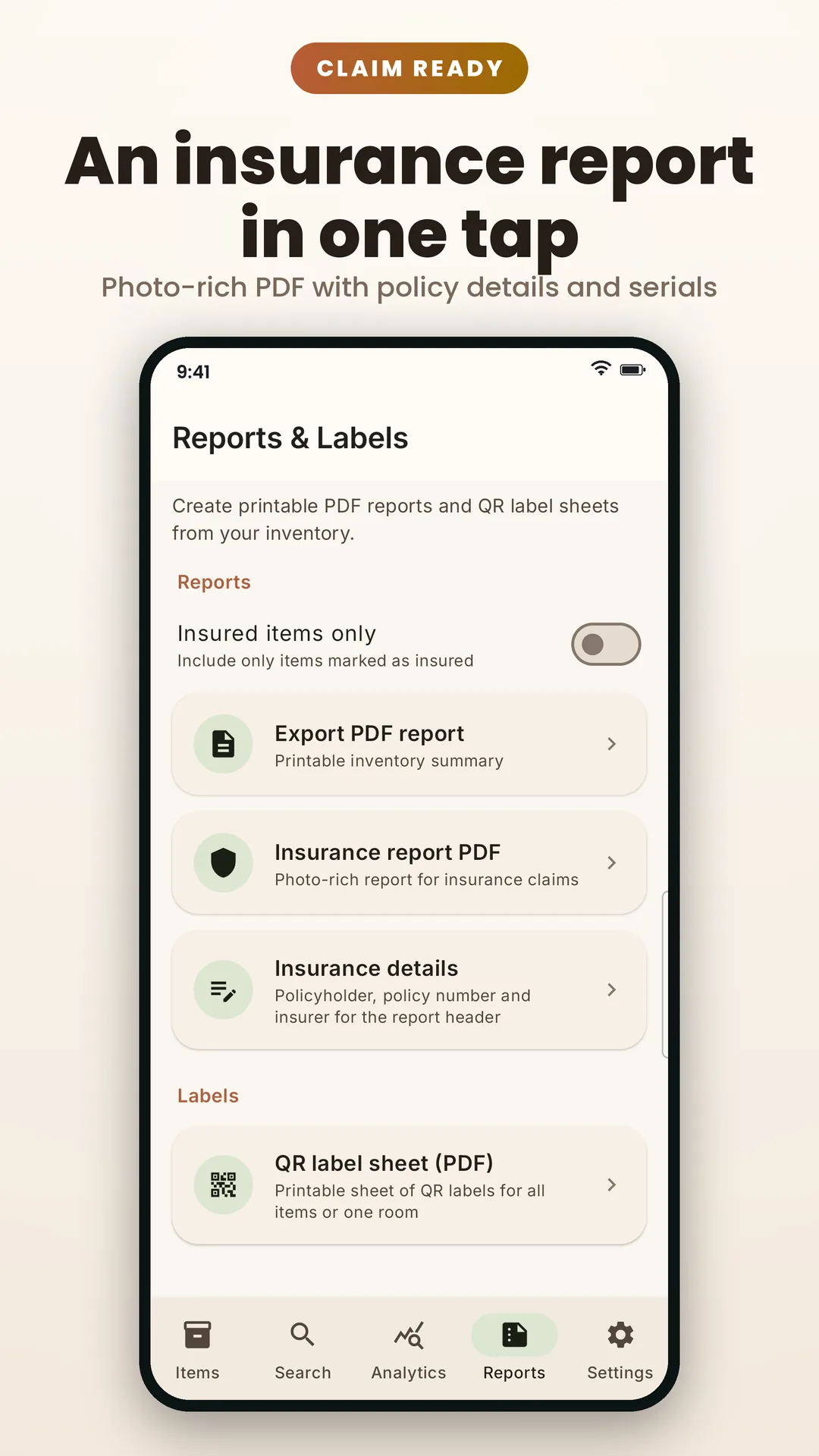 Home Inventory AI Android app screenshot 5 of 6 — Snap it. Catalog it. Prove it when it matters.