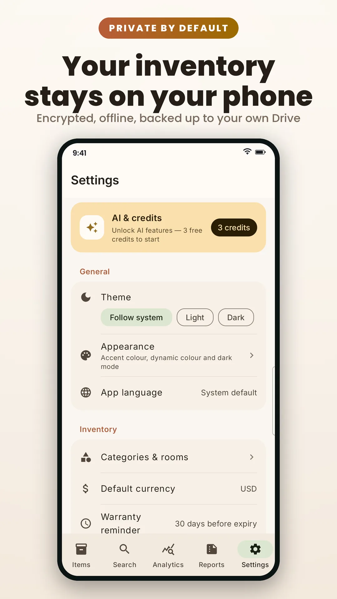 Home Inventory AI Android app screenshot 6 of 6 — Snap it. Catalog it. Prove it when it matters.