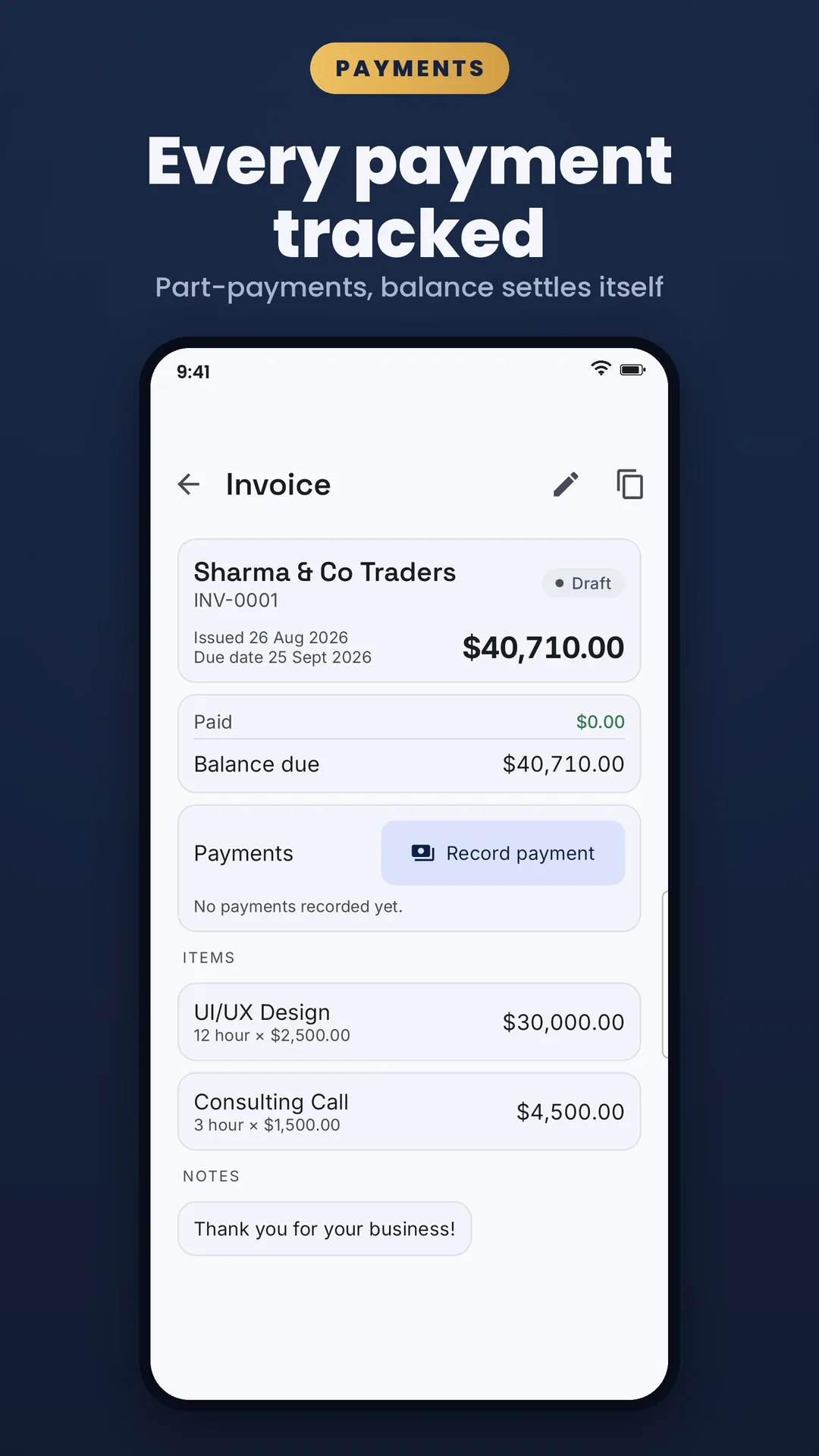 My Invoice and Bill Maker Android app screenshot 2 of 7 — Professional invoices in under a minute. No account, free.