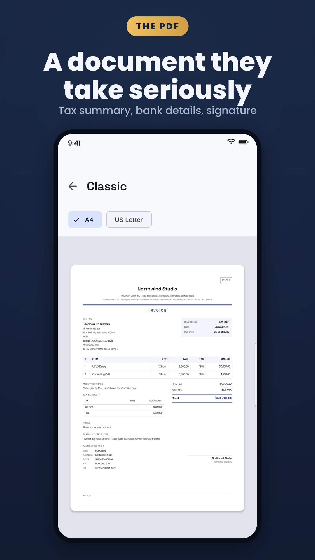 My Invoice and Bill Maker Android app screenshot 3 of 7 — Professional invoices in under a minute. No account, free.
