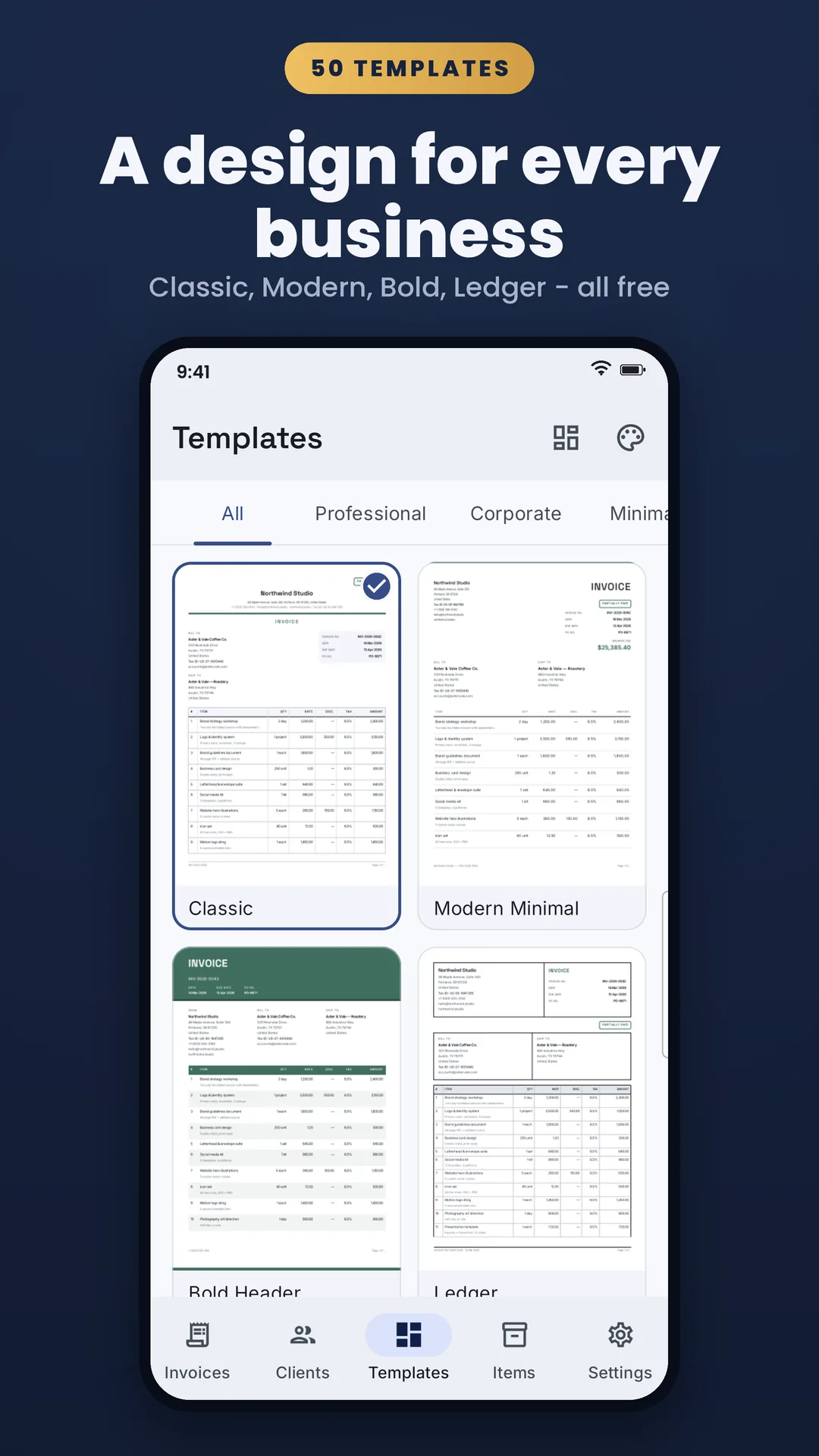 My Invoice and Bill Maker Android app screenshot 4 of 7 — Professional invoices in under a minute. No account, free.