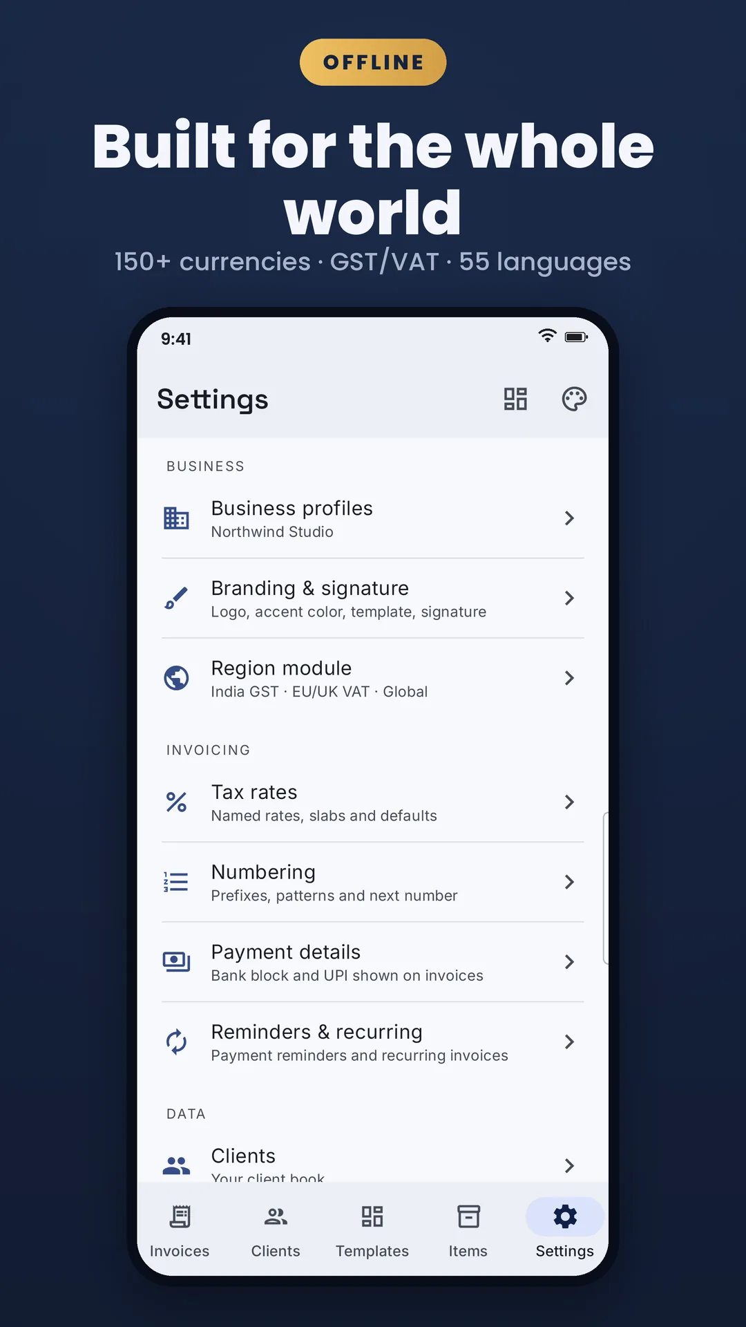 My Invoice and Bill Maker Android app screenshot 7 of 7 — Professional invoices in under a minute. No account, free.