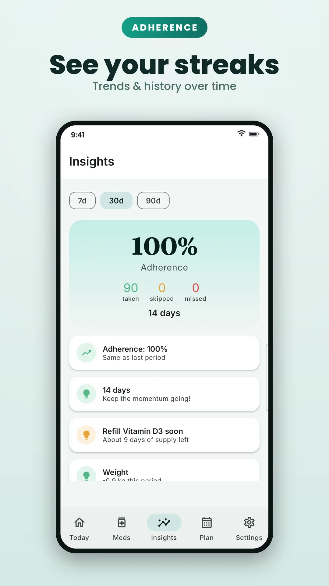 Medicine Reminder & Pill Alarm Android app screenshot 5 of 6 — Never miss a dose. Never share your health data.