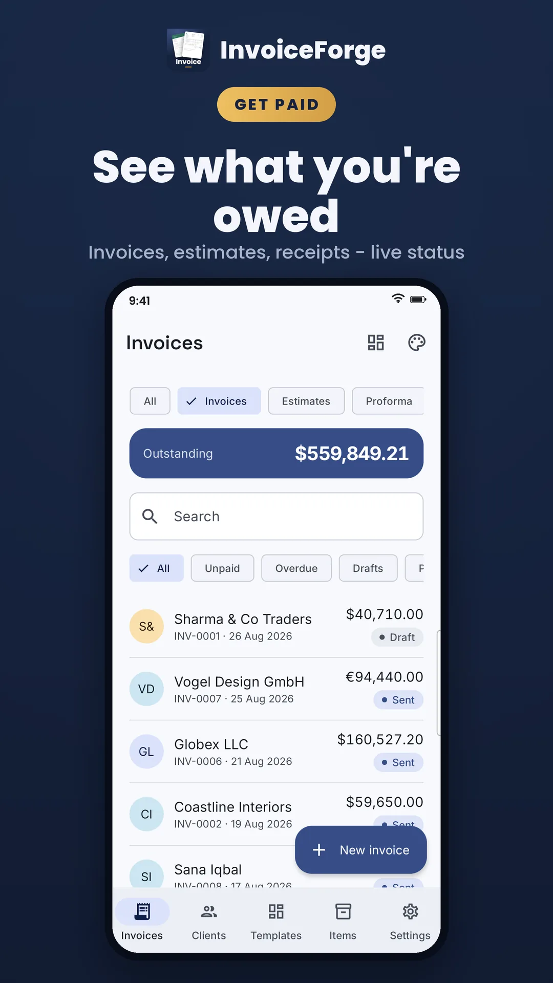 My Invoice and Bill Maker Android app screenshot 1 of 7 — Professional invoices in under a minute. No account, free.