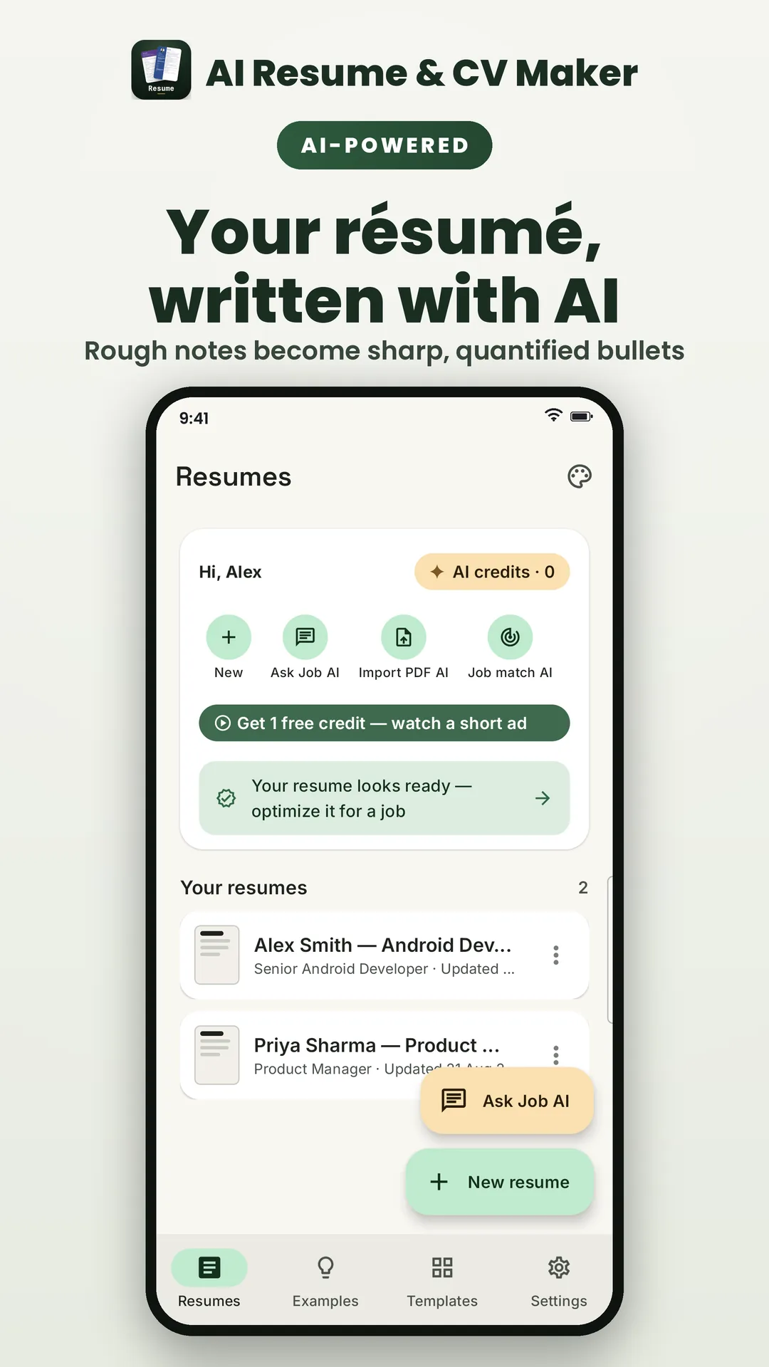 Resume Editor CV Maker PDF AI Android app screenshot 1 of 7 — AI-written bullets, summaries & cover letters — free.