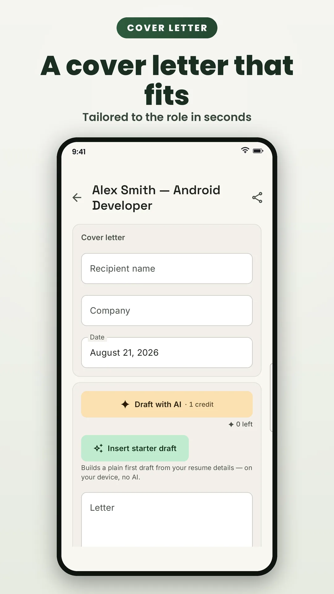 Resume Editor CV Maker PDF AI Android app screenshot 6 of 7 — AI-written bullets, summaries & cover letters — free.
