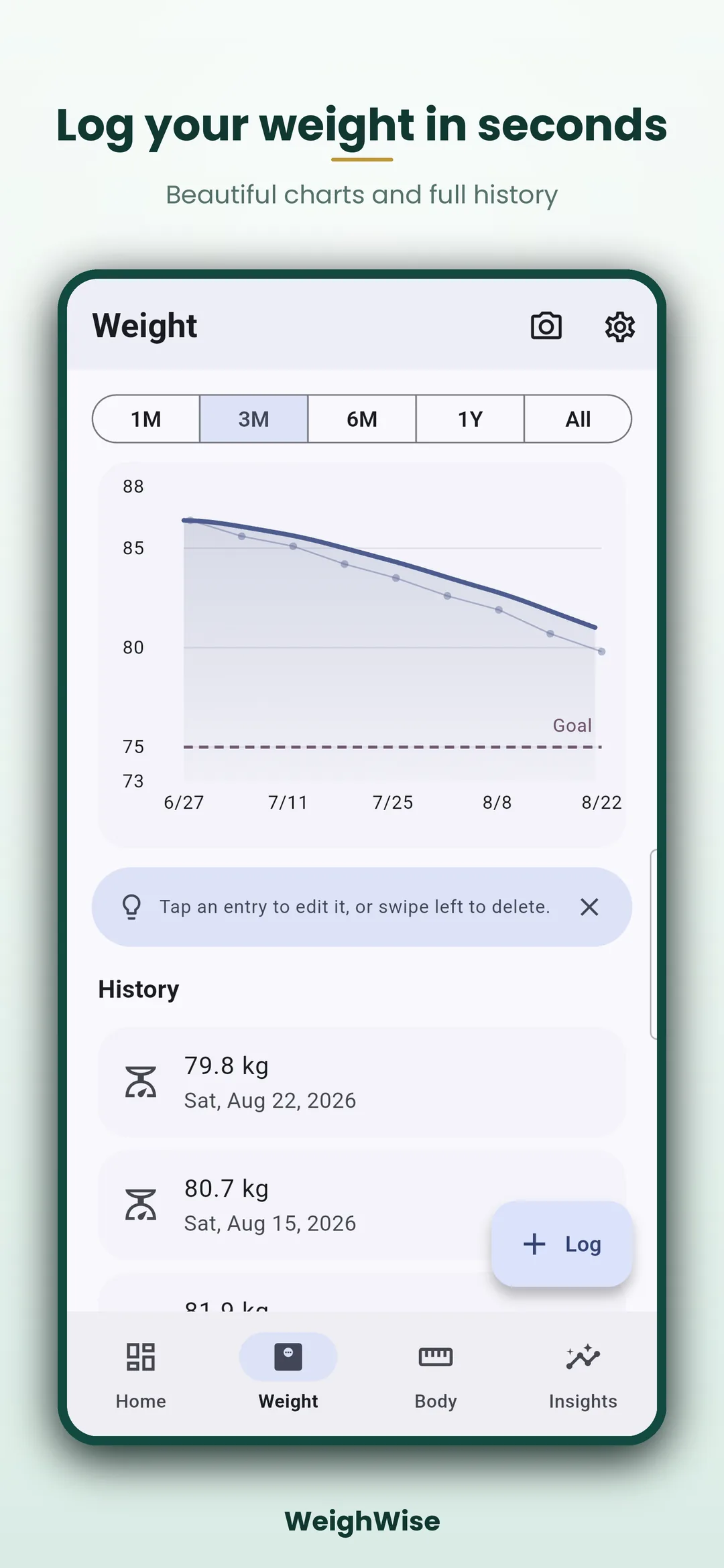Weight Loss Tracker Android app screenshot 3 of 8 — Watch the trend, not the noise — privately.