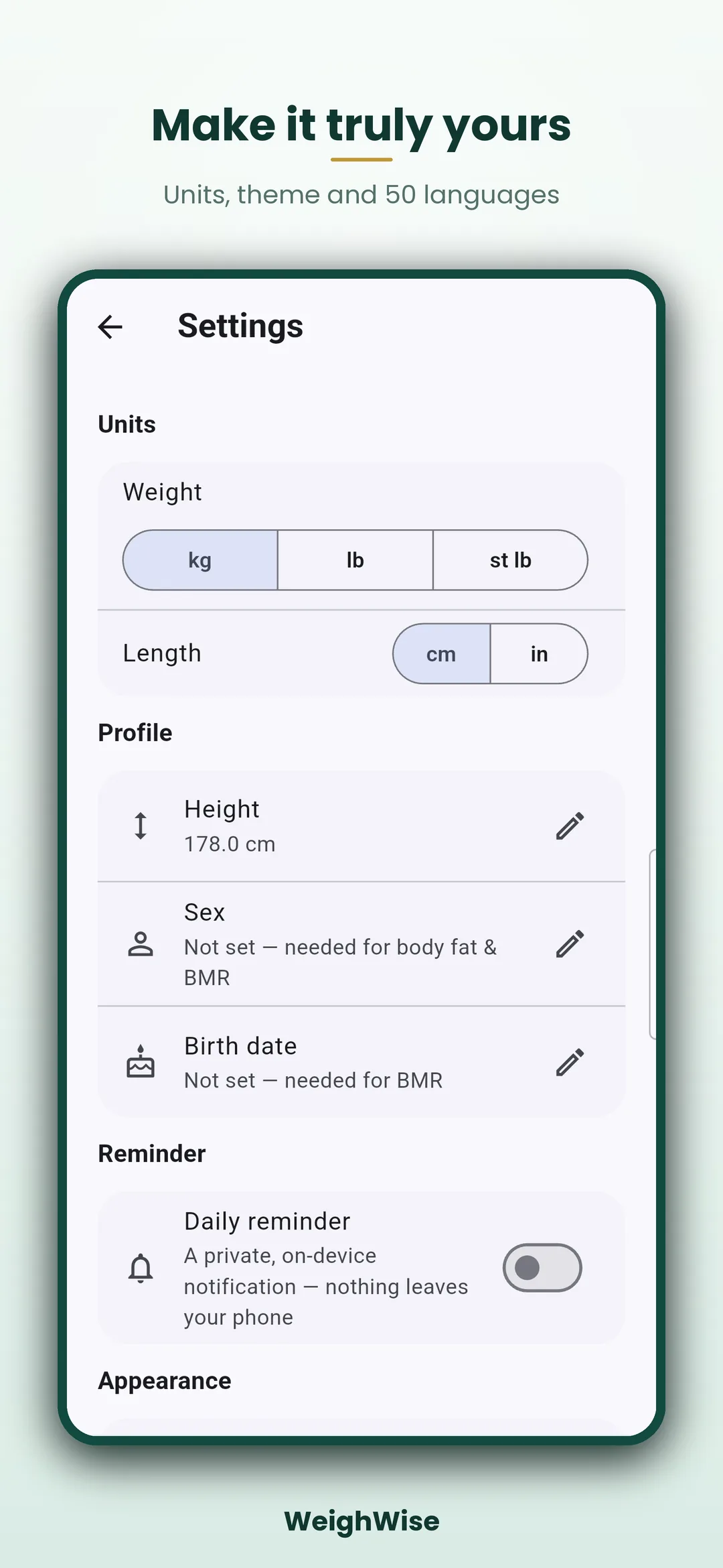 Weight Loss Tracker Android app screenshot 6 of 8 — Watch the trend, not the noise — privately.