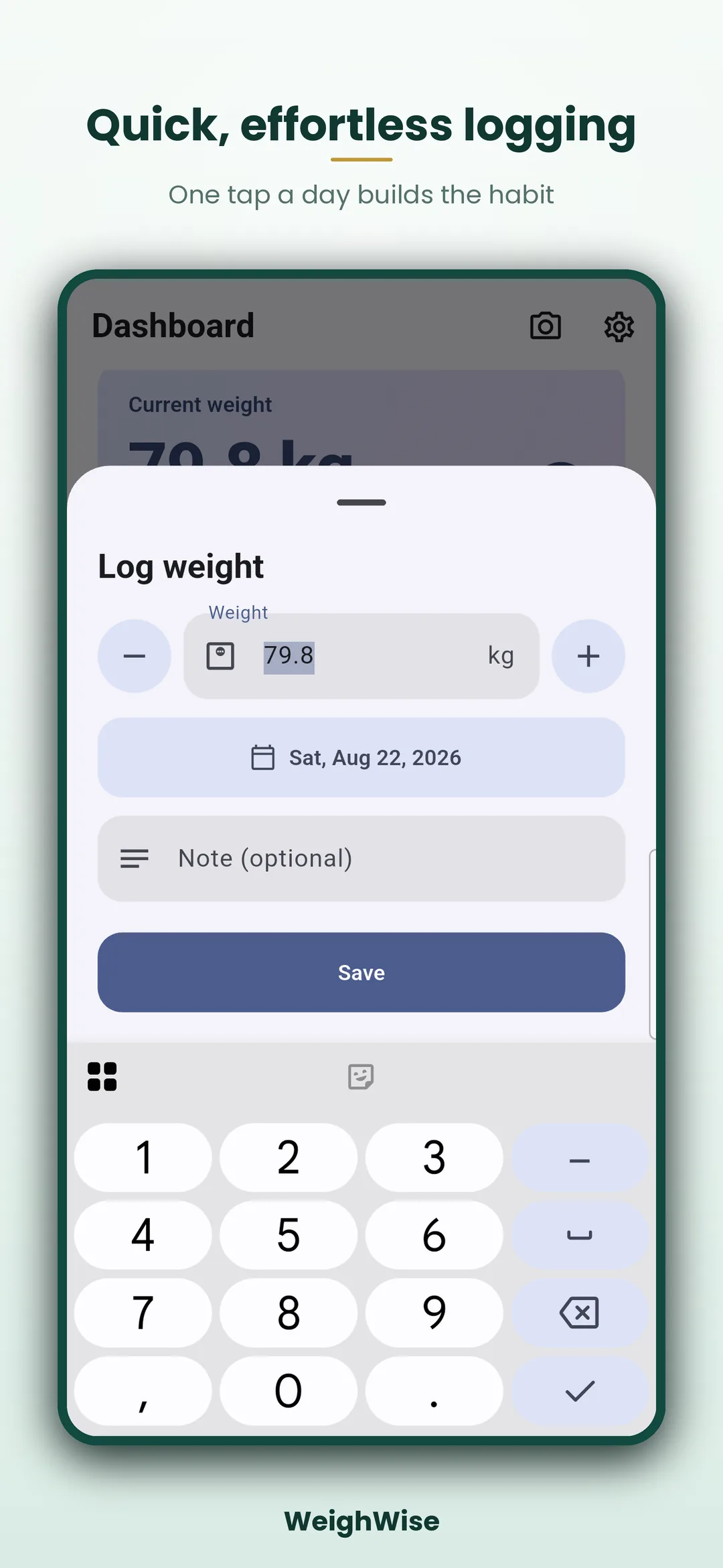Weight Loss Tracker Android app screenshot 8 of 8 — Watch the trend, not the noise — privately.